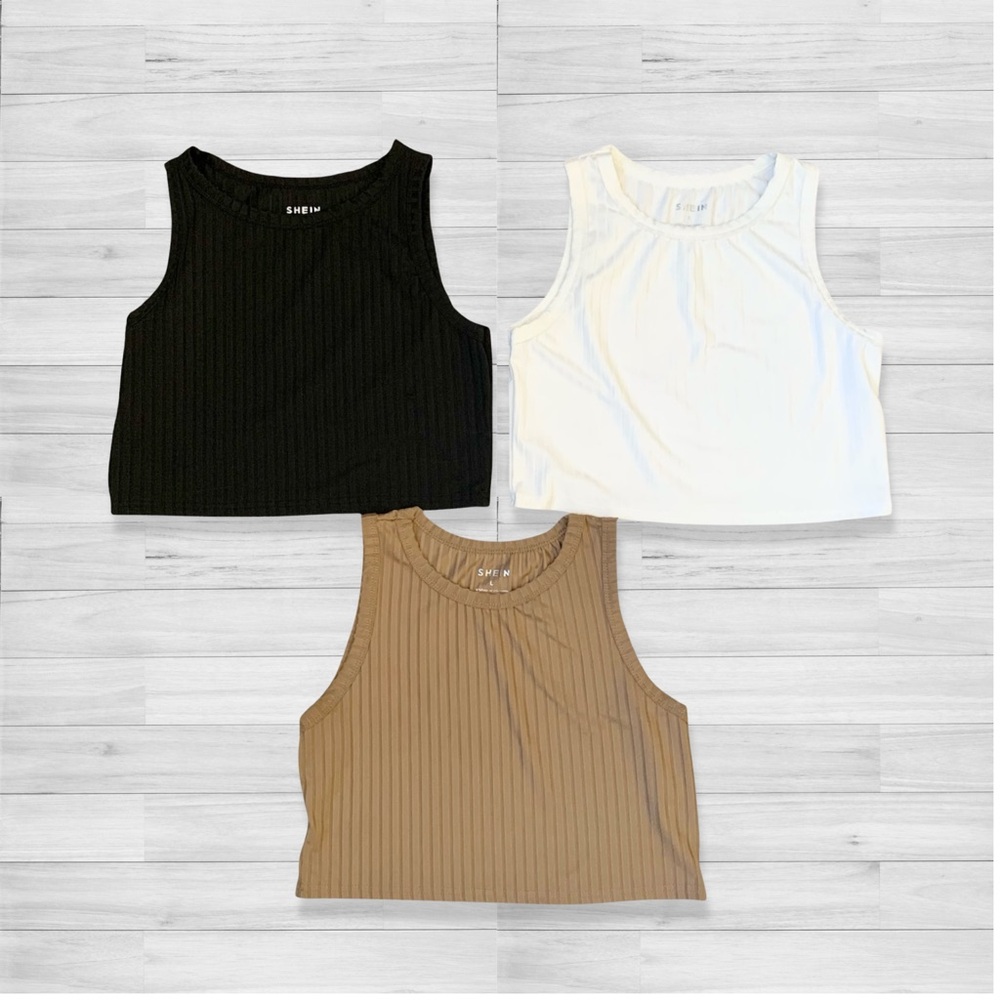Black White Brown Ribbed Crop Tank Top Bundle Set US Large